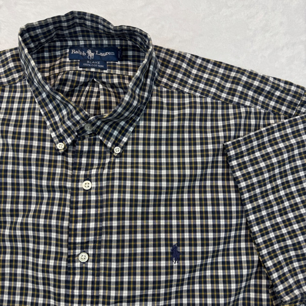 Ralph Lauren Blake Mens XL Short Sleeve Plaid Button Down Shirt Navy Yellow